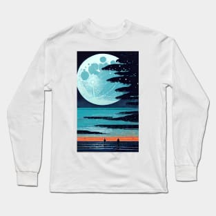 Vibrant Blue Moon bay abstract line art Long Sleeve T-Shirt